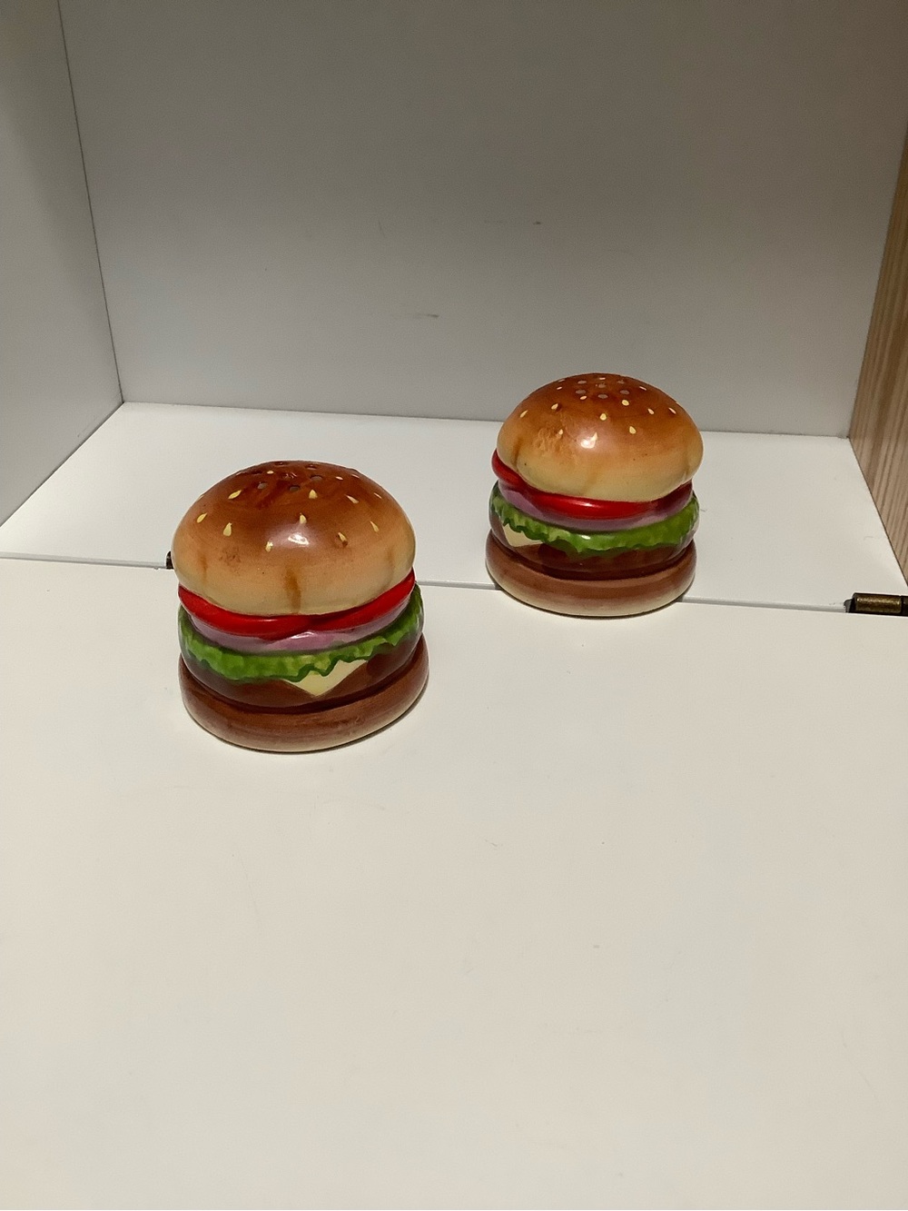 Set of Two Ceramic Burger Salt & Pepper Shakers - Brown, Red, Green